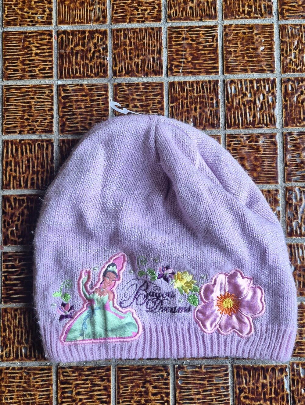Disney Lavender Knit Kids Beanie with Pink Flower and Green Accents